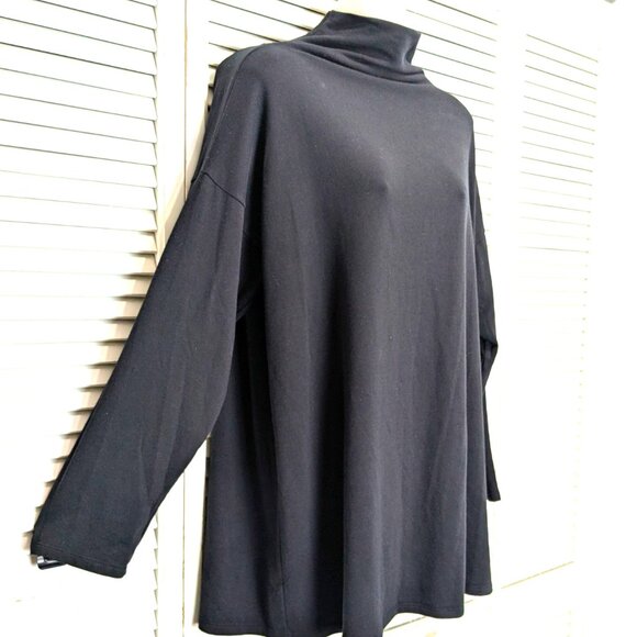 Eileen Fisher Oversized Funnel Neck Tunic Top Large Black Brushed Terry Tencel - Picture 3 of 13